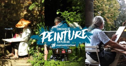3 photos juxtaposées de 3 peintres avec leur toile dans la nature