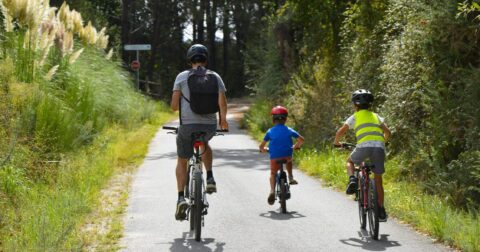 un homme et deux enfants de dos à vélo sur une piste cyclable arborée