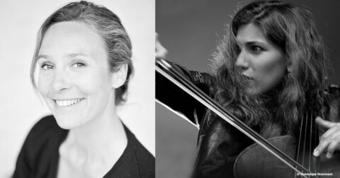 Portrait de deux femmes, l'une souriante et l'autre jouant du violoncelle