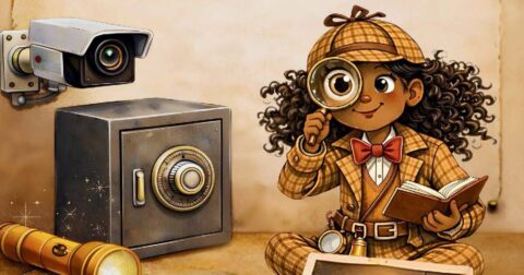 illustration d'une petite fille déguisée en Sherlock Holmes regardant à la loupe un petit coffre-fort