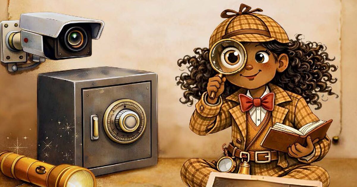 illustration d'une petite fille déguisée en Sherlock Holmes regardant à la loupe un petit coffre-fort