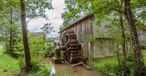 moulin à aubes en bois dans la nature
