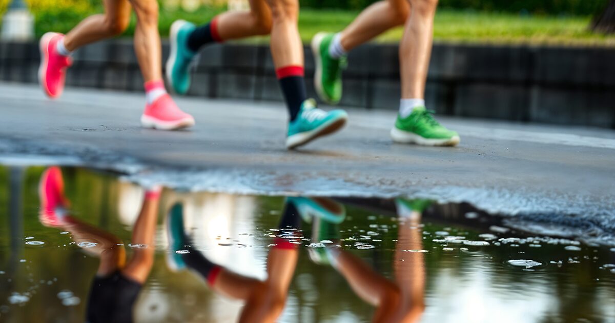 hommes faisant de la course à pied sur une route passant à côté d'une flaque