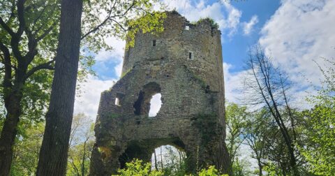 tour en ruine d'un château vue par en dessous