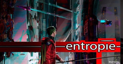 Oeuvre numérique avec un homme de dos avec une veste rouge dans une ville futuriste