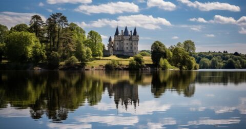Château et parc arboré se reflétant sur un fleuve