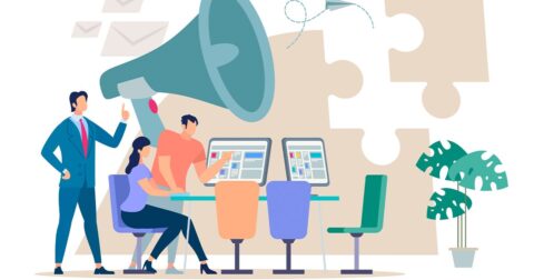 illustration d'un gros porte voix au dessus d'une équipe au travail réfléchissant