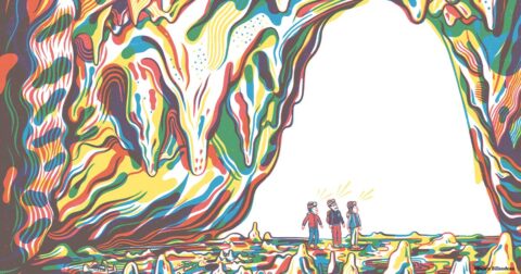 illustration de 3 personnages dans une grotte aux parois faites de traits colorés
