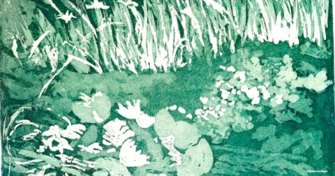 peinture représentant des nénuphars et roseaux blancs sur fond vert