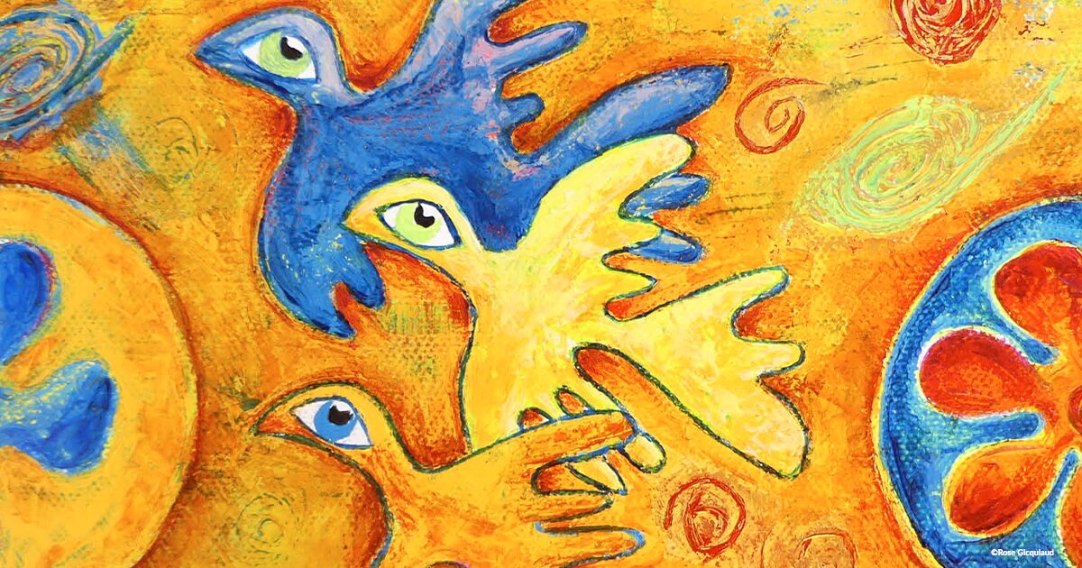 Peinture représentant 3 oiseaux, bleu, jaune et orange volant ensemble dans un ciel coloré