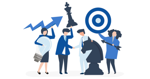 personnages portant une cible, une pièce d'échec et un diagramme