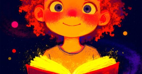 illustration d'une petite fille aux cheveux frisés éclairée par un livre ouvert