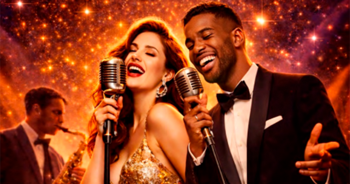 Un homme et une femme en tenue de soirée chantant du jazz