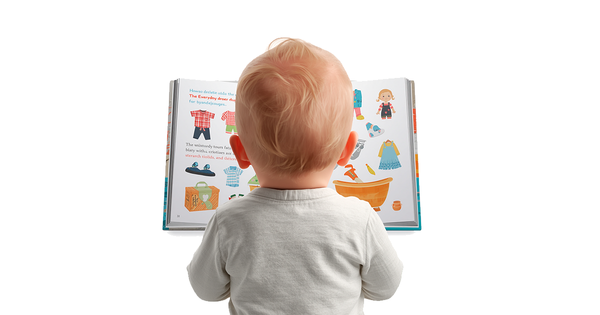 bébé de dos regardant un livre d'images