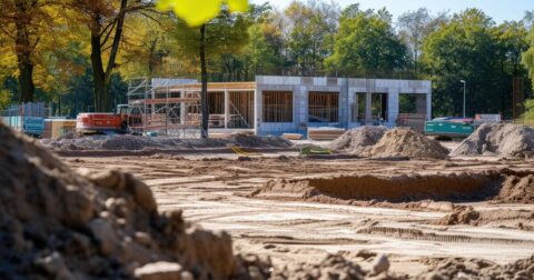 Chantier de construction d'un bâtiment avec maçonnerie en cours de montage