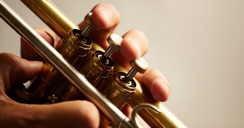 gros plan sur les pistons d'un trombone