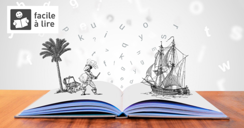 livre ouvert d'où sortent des lettres et des pirates