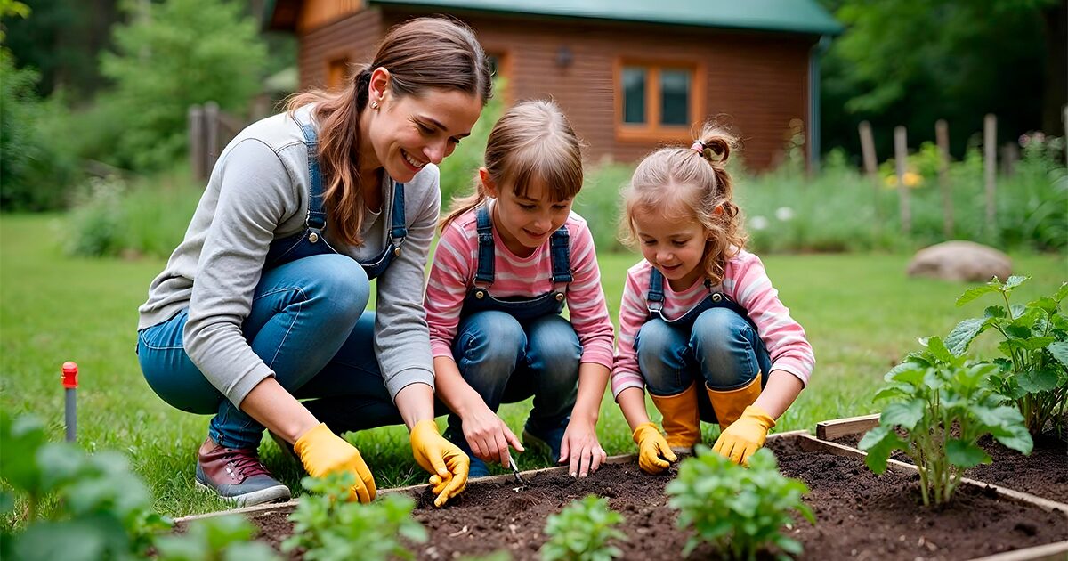 Une mère et ses deux filles jardinant dans un potager