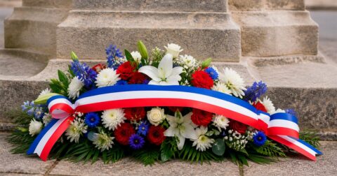 gerbe de fleurs avec ruban tricolore au pied d'un monument