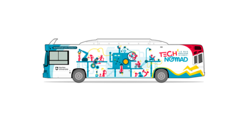 illustration de profil d'un bus blanc avec des taches de couleurs