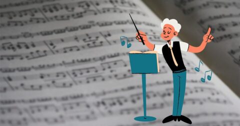 Illustration d'un chef d'orchestre devant une partition de musique