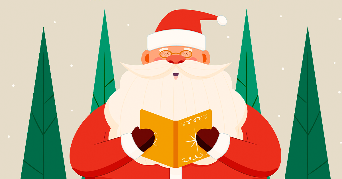 Illustration d'un Père Noël lisant un livre
