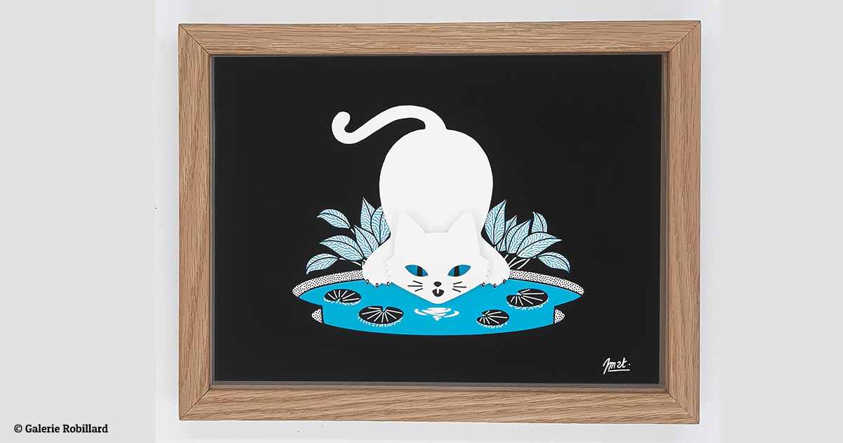 illustration d'un chat buvant dans une flaque d'eau