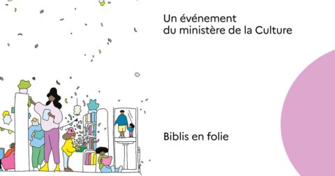 Dessin minimaliste illustrant des personnes cherchant et lisant des livres dans les rayonnages d'une bibliothèque.